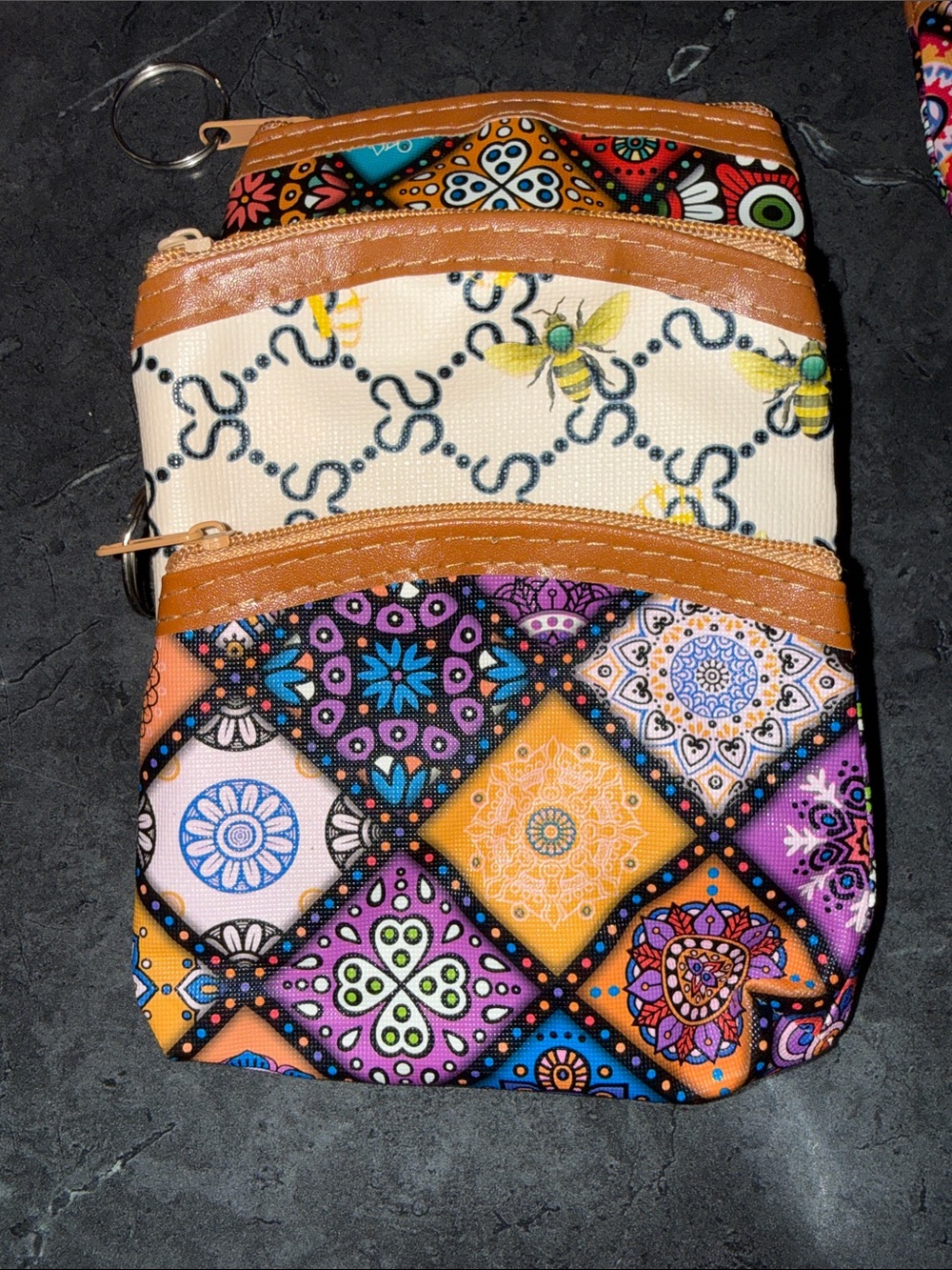 Colorful Patterned Triple Zip Coin Purses- Multicolor